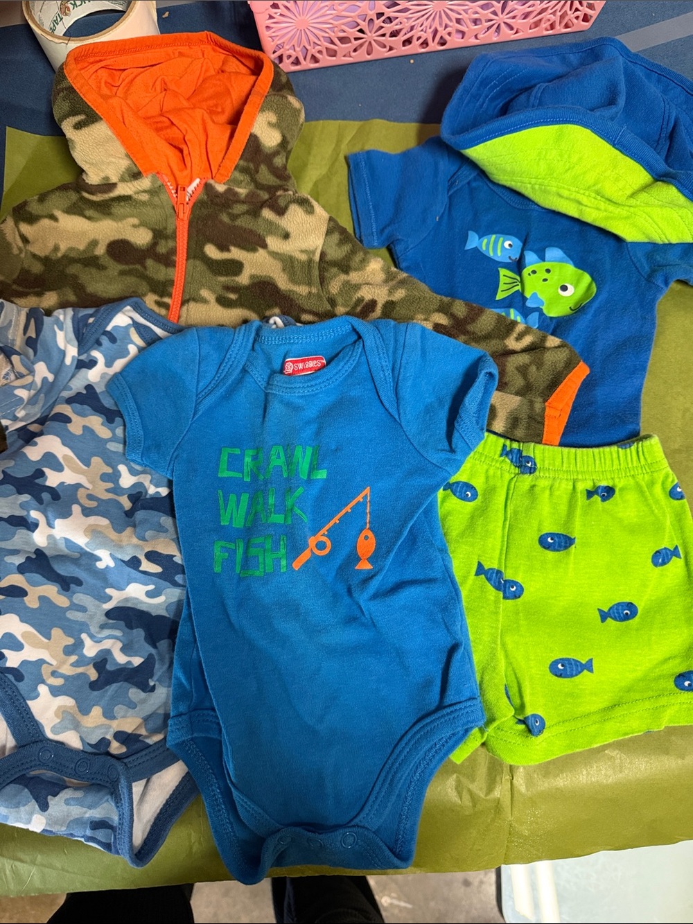 Baby Boy Fishing Bodysuit & Hooded Outfit Set - Blue & Lime Green